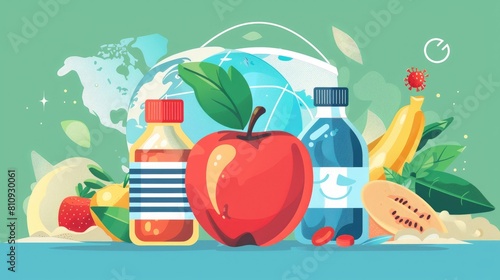 The concept of World Food Safety Day is illustrated by symbols like an apple a mask and a helmet intertwining with the theme of tackling food safety amidst the backdrop of the COVID 19 crisi
