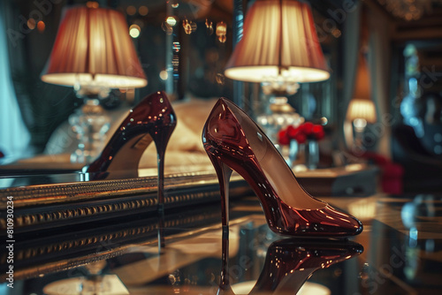 A pair of designer girls shoes placed on a table surrounded by a reflection of a wealthy lifestyle
