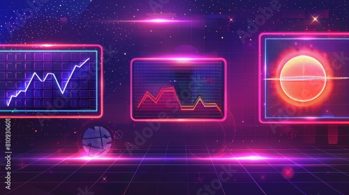 Modern realistic illustration of a retro futuristic vibe banner with an orange and purple color background, text borders, and statistics chart frames.