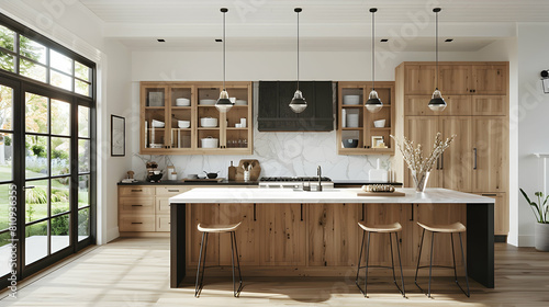 A modern farmhouse kitchen with light wood cabinets, black accents, and an island featuring a white marble countertop