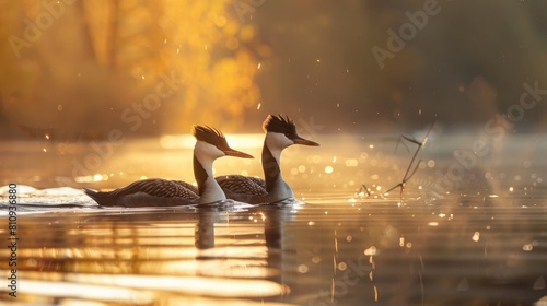 Great crested grebes waterbirds swimming on a lake, golden hour spring wildlife