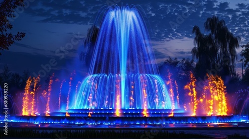 Amazing illuminated fountain with blue and orange lights at night.