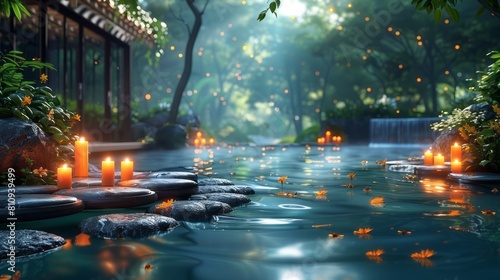 Tranquil forest retreat with stepping stones in a flowing river and glowing fireflies