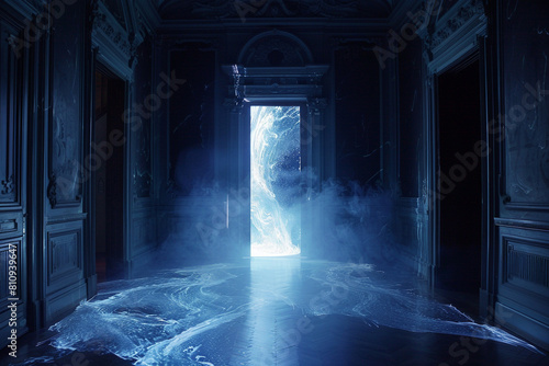 A room veiled in darkness is interrupted by a shimmering portal at its center offering a glimpse into another realm