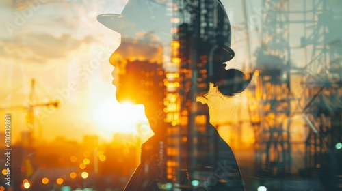 A woman wearing a hard hat is standing in front of a sunset. The image is a silhouette.