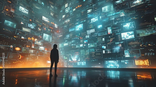 A person standing in front of a massive wall of digital screens