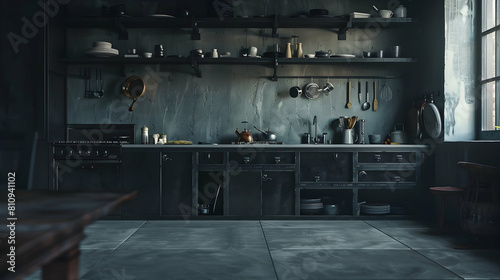 Concrete flooring, dark inside kitchen cabinet with kitchenware