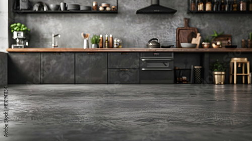 Concrete flooring, dark inside kitchen cabinet with kitchenware