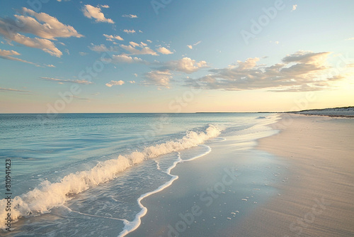A serene beach with soft waves lapping at the shore