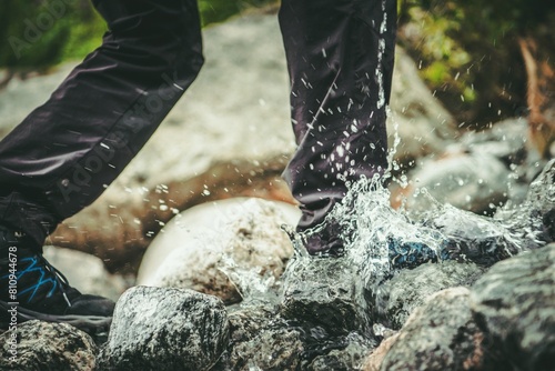 Mountain Hiker stepping into Water with His Waterproof Shoes