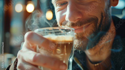 close up of man drinking cappuccino in a transparent cup, man is smiling,