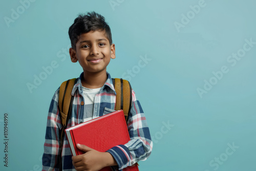 Studio portrait of a delighted Indian boy with a backpack standing isolated on a light background, holding a textbook