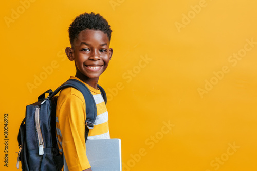 Studio portrait of a happy Black boy with a backpack standing alone against a bright backdrop, holding a textbook
