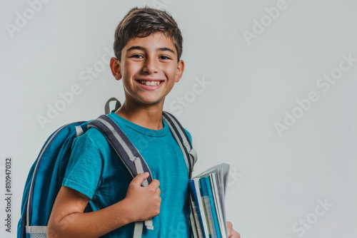 Studio portrait of a joyful Latino boy with a backpack standing isolated on a light background, clutching a textbook