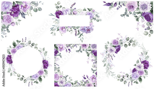 Watercolor floral border - frame. Violet flowers and eucalyptus greenery illustration isolated on transparent background. Purple roses, lilac peony for wedding stationary, greeting card