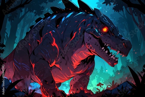 Illustration of a terrifying dinosaurs-like creature, dark magic and mythical beasts, glowing red markings, cinemtic look
