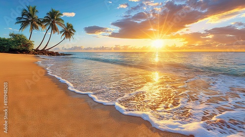 The sun is setting on an oceanic background with palm trees in the foreground and a sandy shore in the immediate vicinity