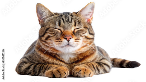 "Purr-fectly Content": A contented cat lounging comfortably, its eyes half-closed in blissful relaxation as it enjoys a moment of tranquility against the white background.
