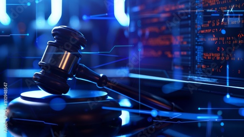 A courtroom gavel in a modern digital jurisdiction concept, AI and digital technology challenges with legal compliance