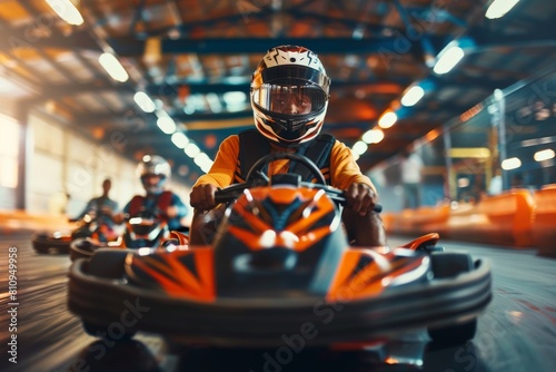 Thrill-seekers competing for the fastest lap at a lively indoor go-kart racing track. Beautiful simple AI generated image in 4K, unique.