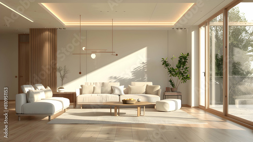 modern living room with wooden floor, white walls and cream colored sofa and armchairs, modern lighting design, big window on the right side
