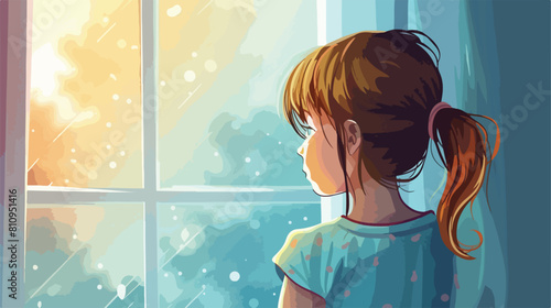 Little girl absent minded looking outside Vector illustration
