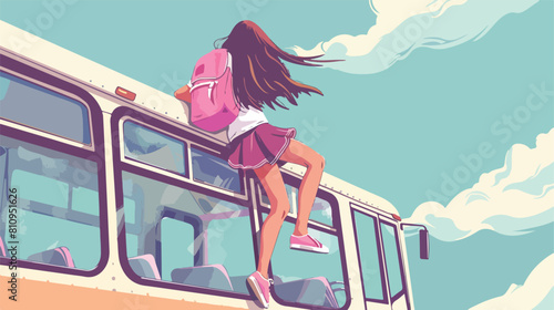 Little girl climbing on bus Vector illustration. Vector