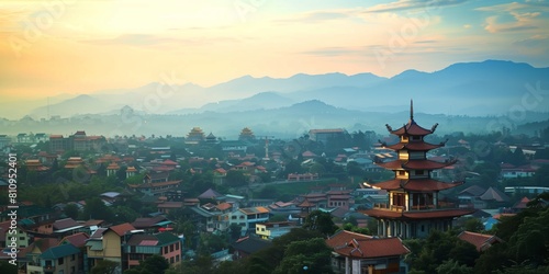 仏教の寺院と低い建物が立ち並ぶアジア風の都市風景 