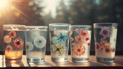 Glass with dirty water as water pollution concept. hygiene and health concept with germs stickers on it.