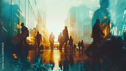 Silhouettes of business people walking in the city with a double exposure effect.