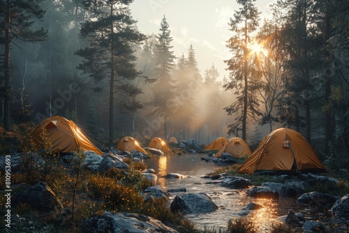 Tents by river in forest with water, trees, and natural landscape