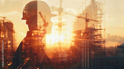 An engineer wearing a hard hat is standing on a construction site and looking at the sunset.