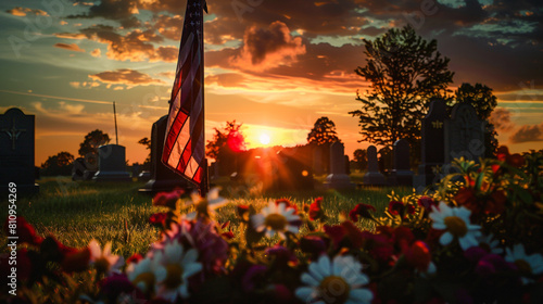 Memorial Day flag and flowers at a grave captured against a sunset silhouette.