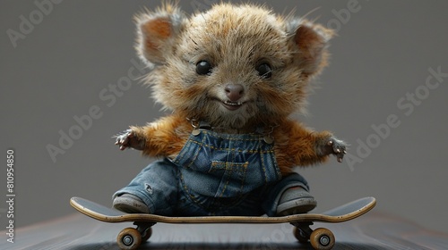  Small stuffed animal perched on skateboard atop wooden table against gray backdrop