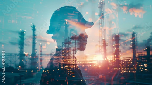 Double exposure of a man wearing hard hat with an industrial zone in the background