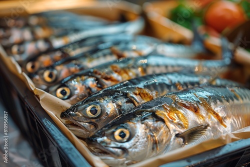 Fresh sardines lined up for sale, with a focus on their shiny scales and eyes, in a seafood market setting