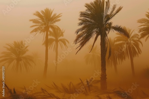 palm trees in the desert or beach during sandstorm or dust storm. Environment issue. Climate change.