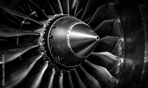 Monochrome Detail Shot of Modern Jet Engine Turbine Blades, Focusing on Aviation Technology and Engineering Excellence