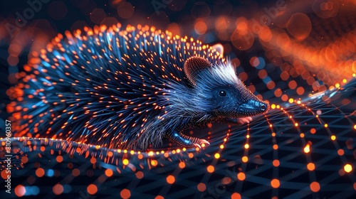  Image of hedgehog on black background with orange-blue light emanating from it