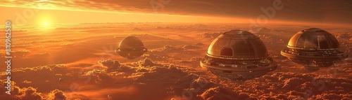 A depiction of human settlements in floating habitats above the atmosphere of Venus
