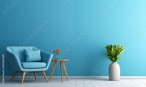 3d rendering, Minimalist interior design of a modern living room with a blue wall and armchair