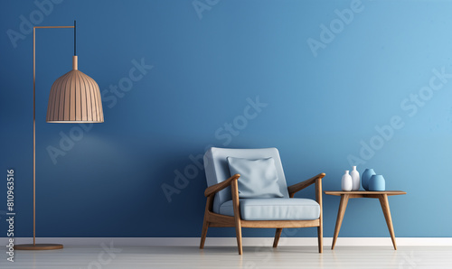 3d rendering, Minimalist interior design of a modern living room with a blue wall and armchair