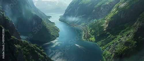 A dynamic aerial shot of a narrow fjord