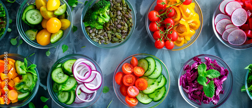 Variety of colorful fresh vegetables displayed in bowls on a counter, healthy food concept.