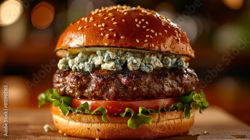 Gourmet blue cheese hamburger with fresh lettuce and tomato