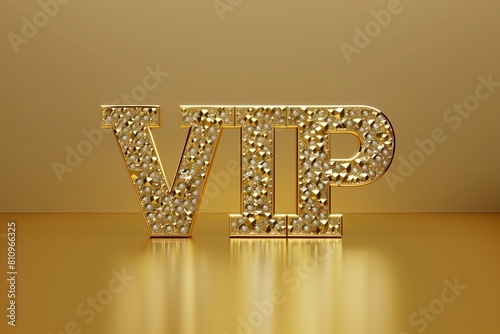 gold metallic standing 3d letters bedazzled with diamonds in shape of text "VIP" gold background