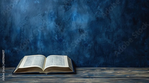 An open book on a wooden table against a dark blue backdrop