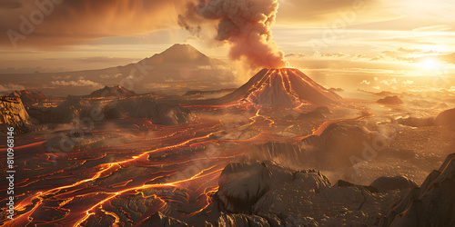 Vulcão em Erupção com Fumaça Giratória e Lava Incandescente