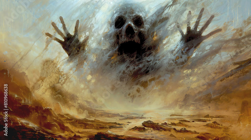 A Large Ghostly Figure Emerging From a Dust Storm in a Desert Horror Art