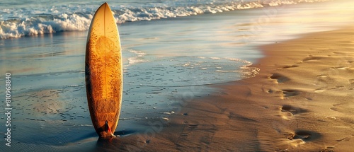 A single surfboard planted upright in the wet sand